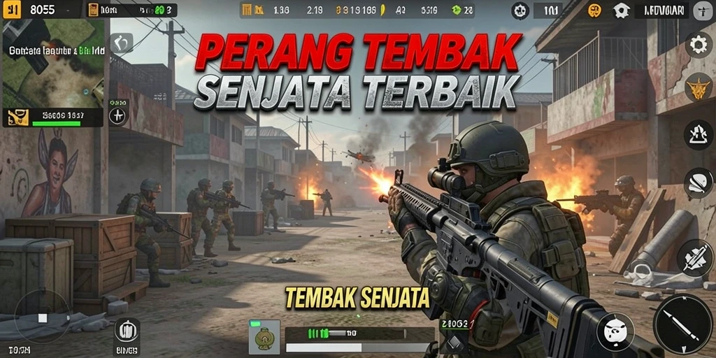 Antarmuka permainan 8055 dengan fitur tembak senjata yang menarik.