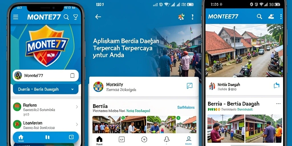 Screenshot antarmuka aplikasi MONTE77 menampilkan berita daerah terkini.
